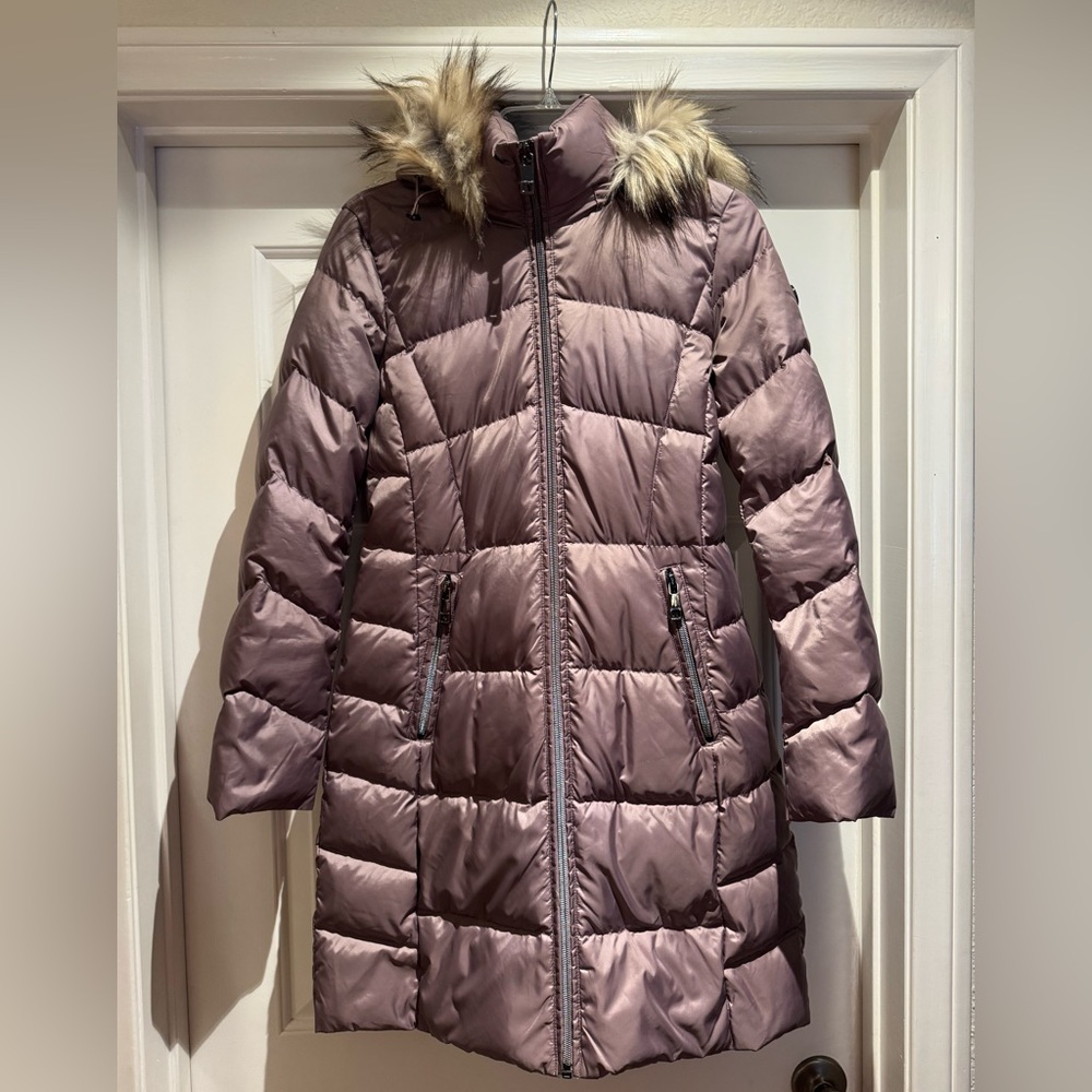 Calvin Klein Down Blend Puffer Jacket Mid Length with Faux Fur Removable Hood XS